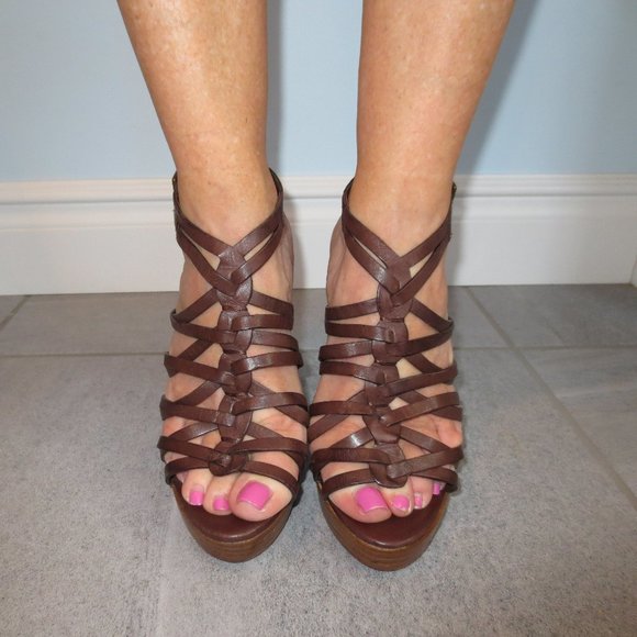 LAST CHANCE ALDO Brown Leather  Strappy High Heel Platform Sandals - Picture 2 of 11